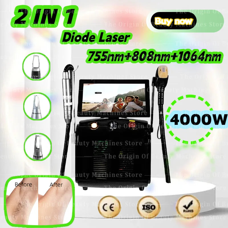 4000W 2in1 Soprano Ice Platinum Diode Laser 755 808 1064NM Wave Lase
