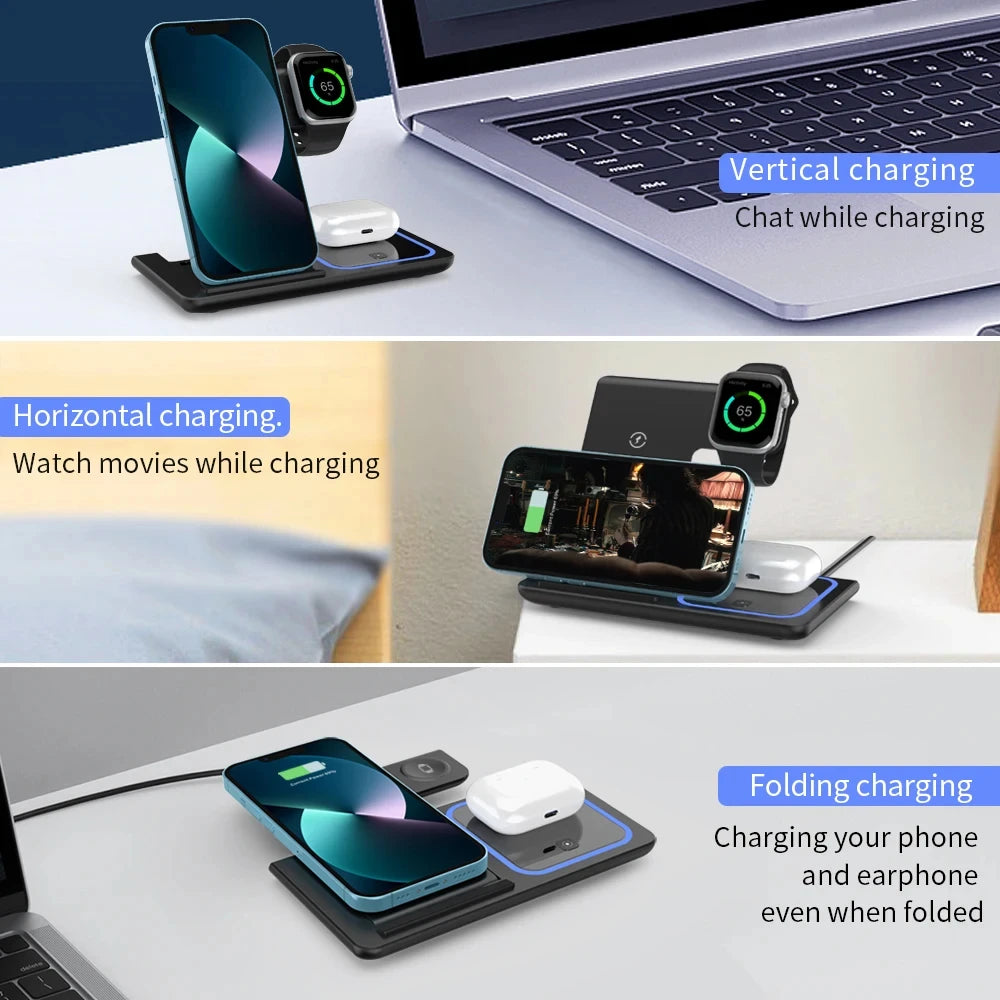 Foldable 3 in 1 Wireless Charger Pad Stand for IPhone 15 14 13 12 8