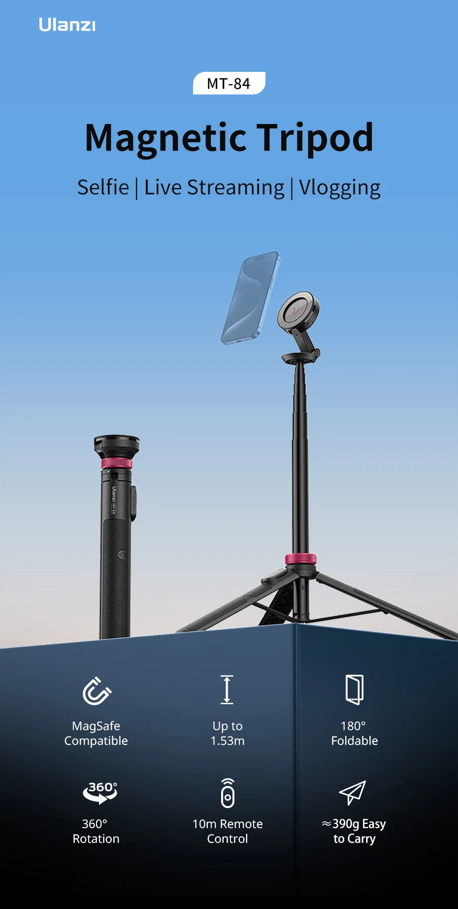 Ulanzi MT – 84 1.53M Magsafe Selfie Stick Tripod Stand Bluetooth Rem