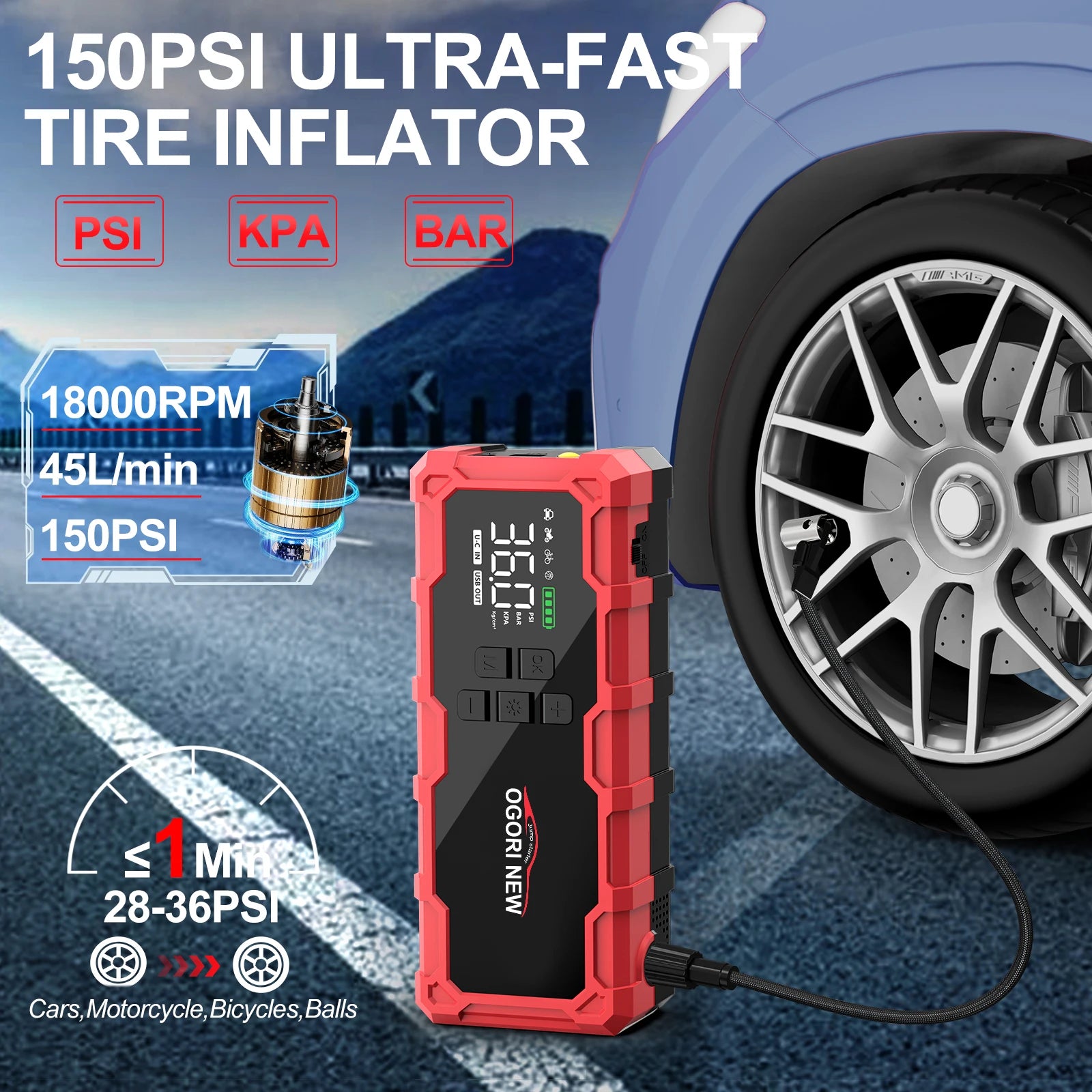 4 in 1 7000A/4000A Jump Starter Power Bank 150PSI Air Compressor Tir