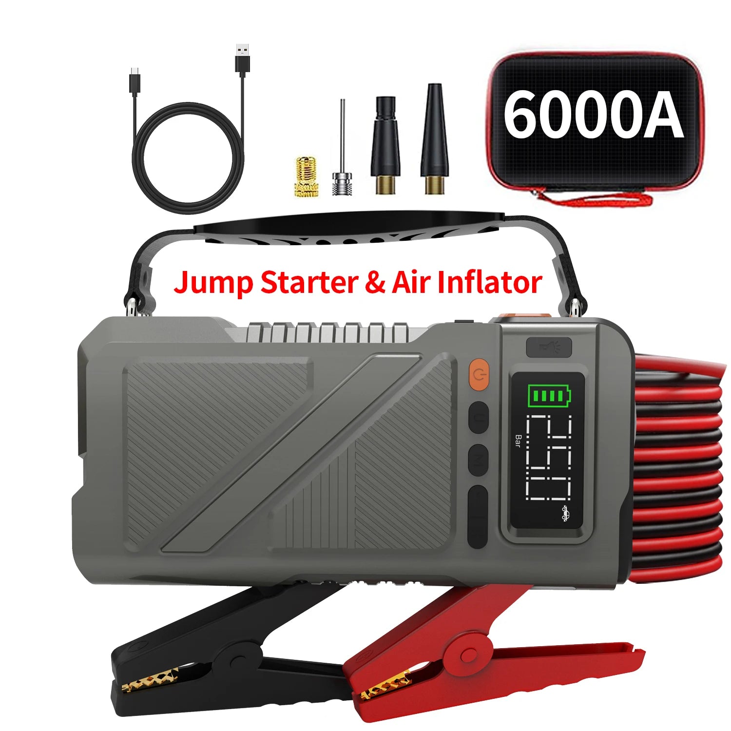 6000A Jump Starter with Air Compressor, 5 in 1 Function Jump Box 150