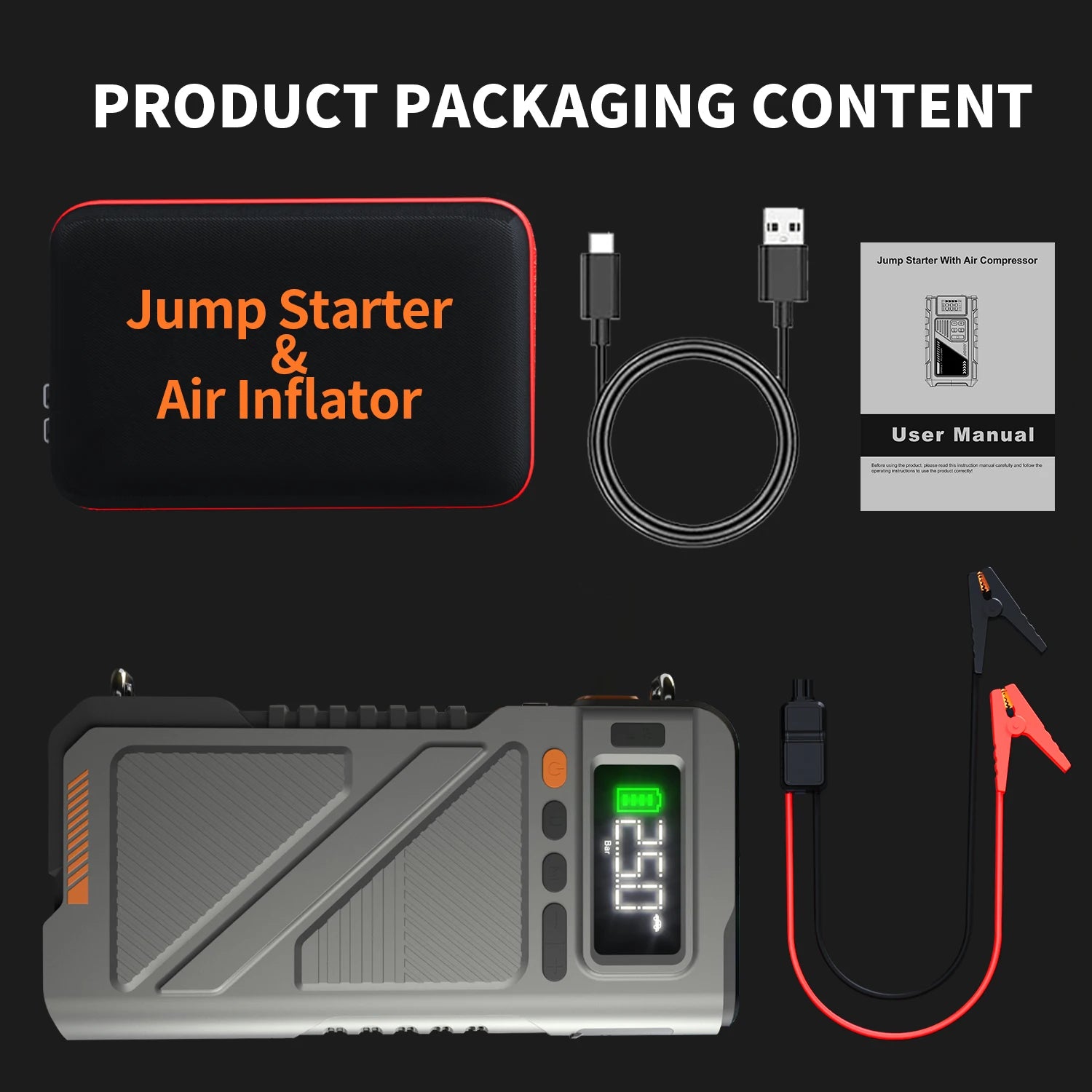6000A Jump Starter with Air Compressor, 5 in 1 Function Jump Box 150