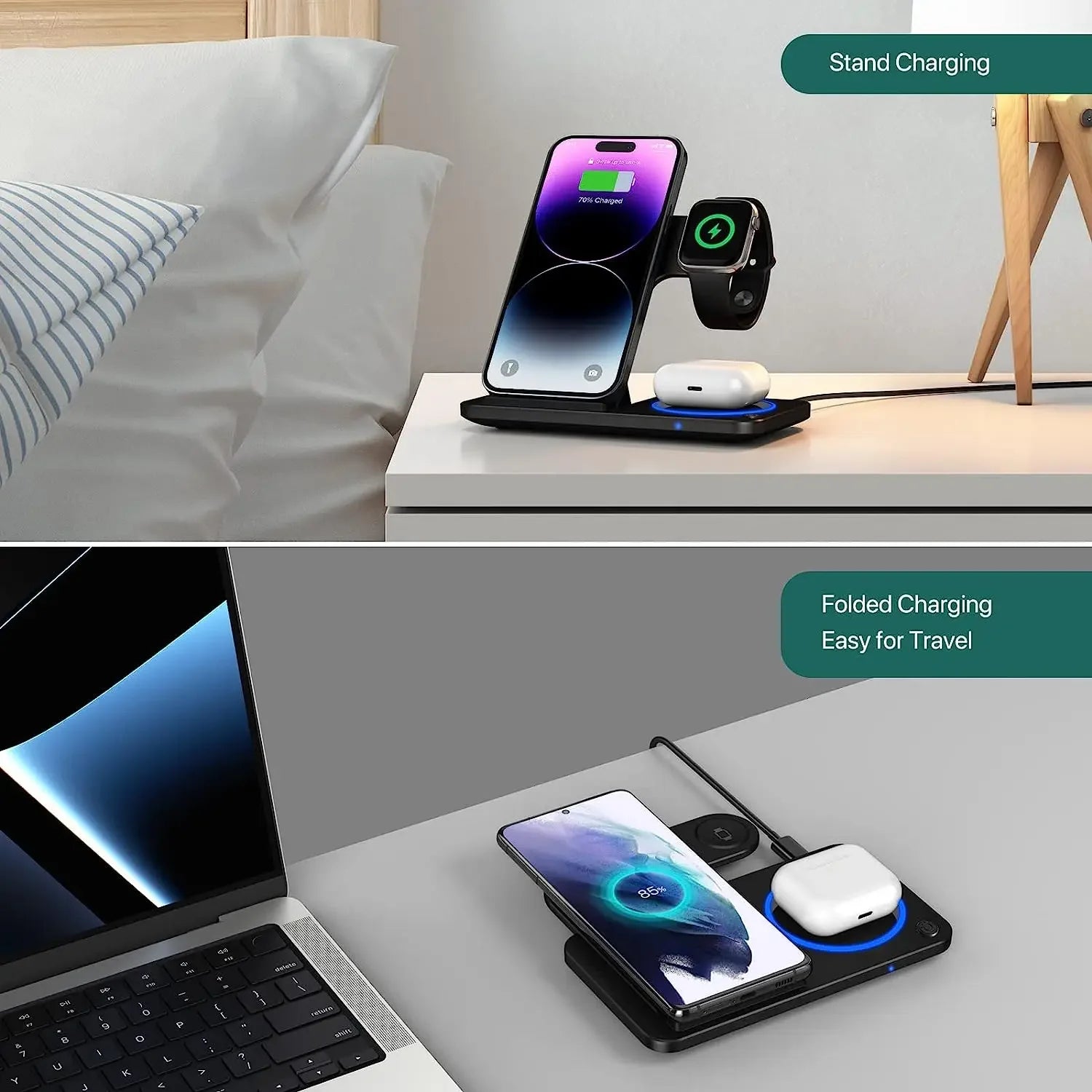 30W LED Fast Wireless Charger Stand 3 in 1 Foldable Charging Station