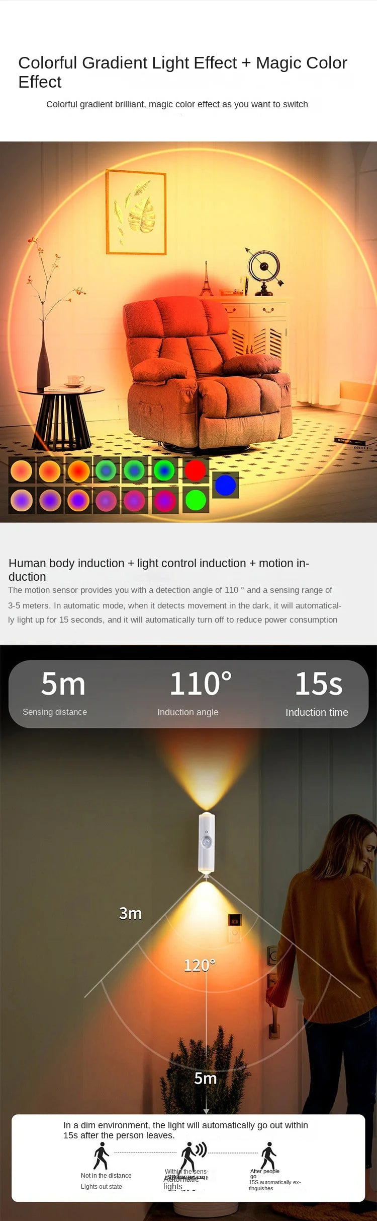 3/7Colors Magnetic Mount Color Changing Night Light with Human Body