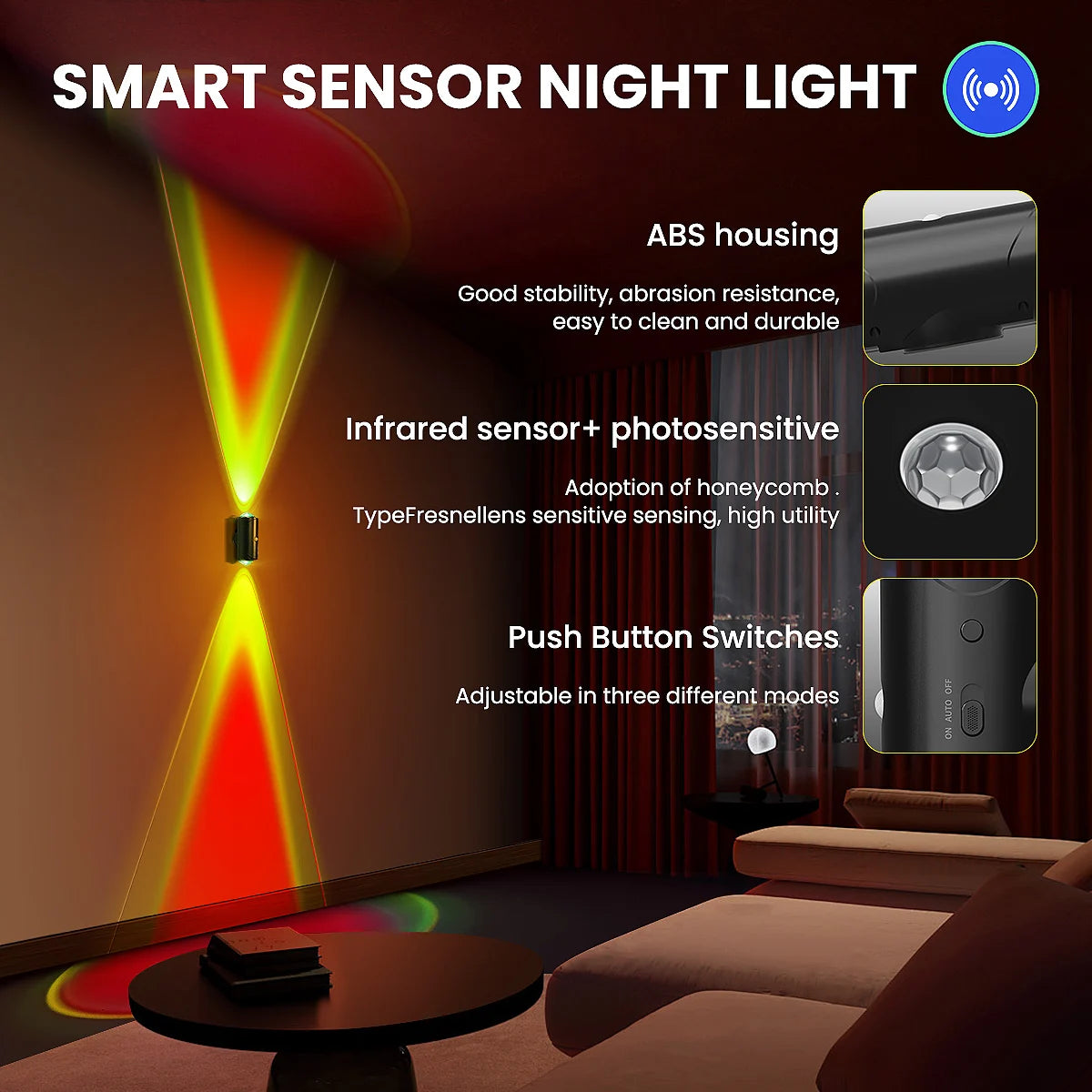 LED Motion Sensor Wall Sconce Lights, 3 Modes, 8 Lighting Colors, US