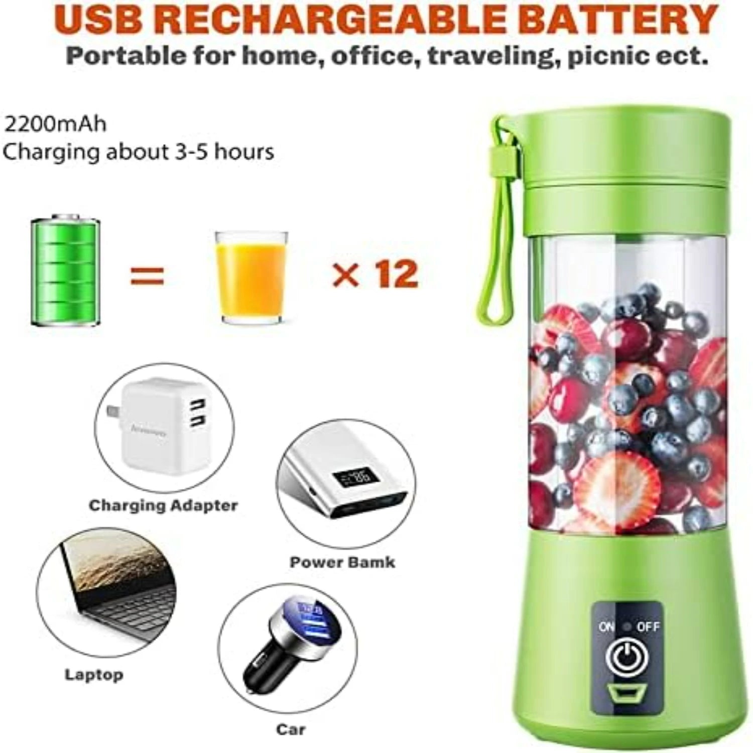Green Portable USB Rechargeable Personal Blender for Fruit Juice, Sh