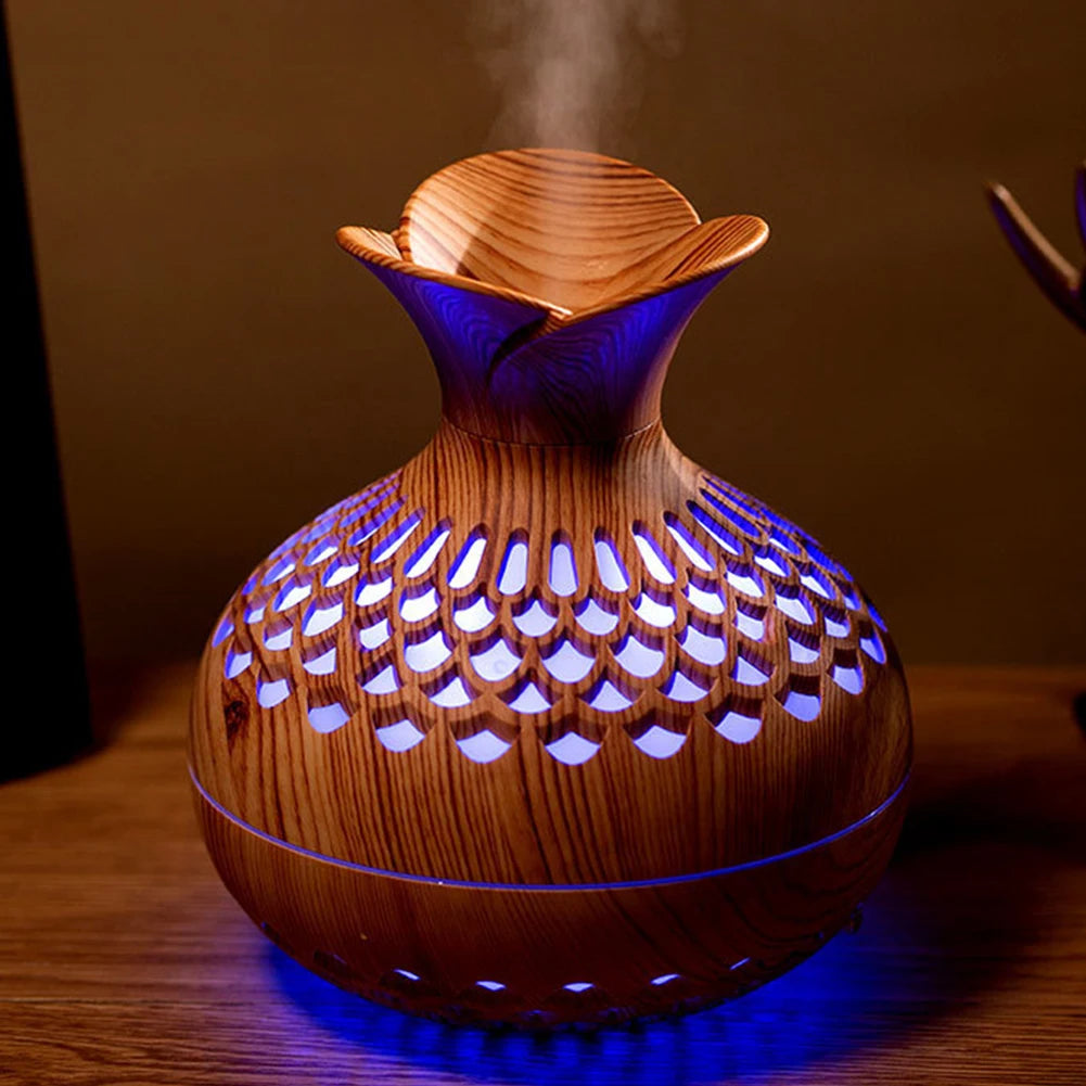 300ML Wood Grain Flower Humidifier Silent Aromatherapy Diffuser USB