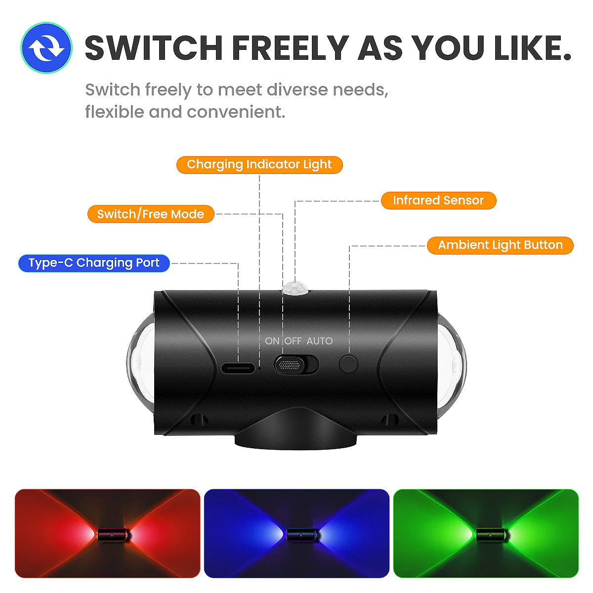 LED Motion Sensor Wall Sconce Lights, 3 Modes, 8 Lighting Colors, US