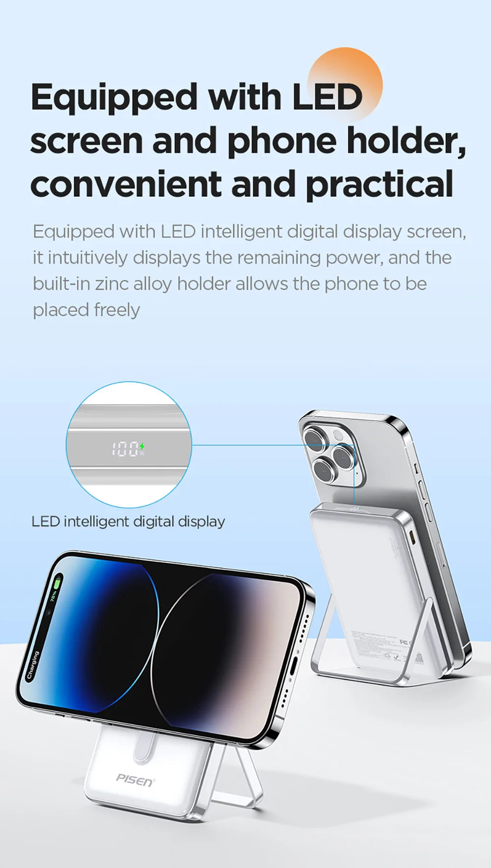 PISEN Magnetic Wireless Power Bank with Built in Stand MagSafe Compa
