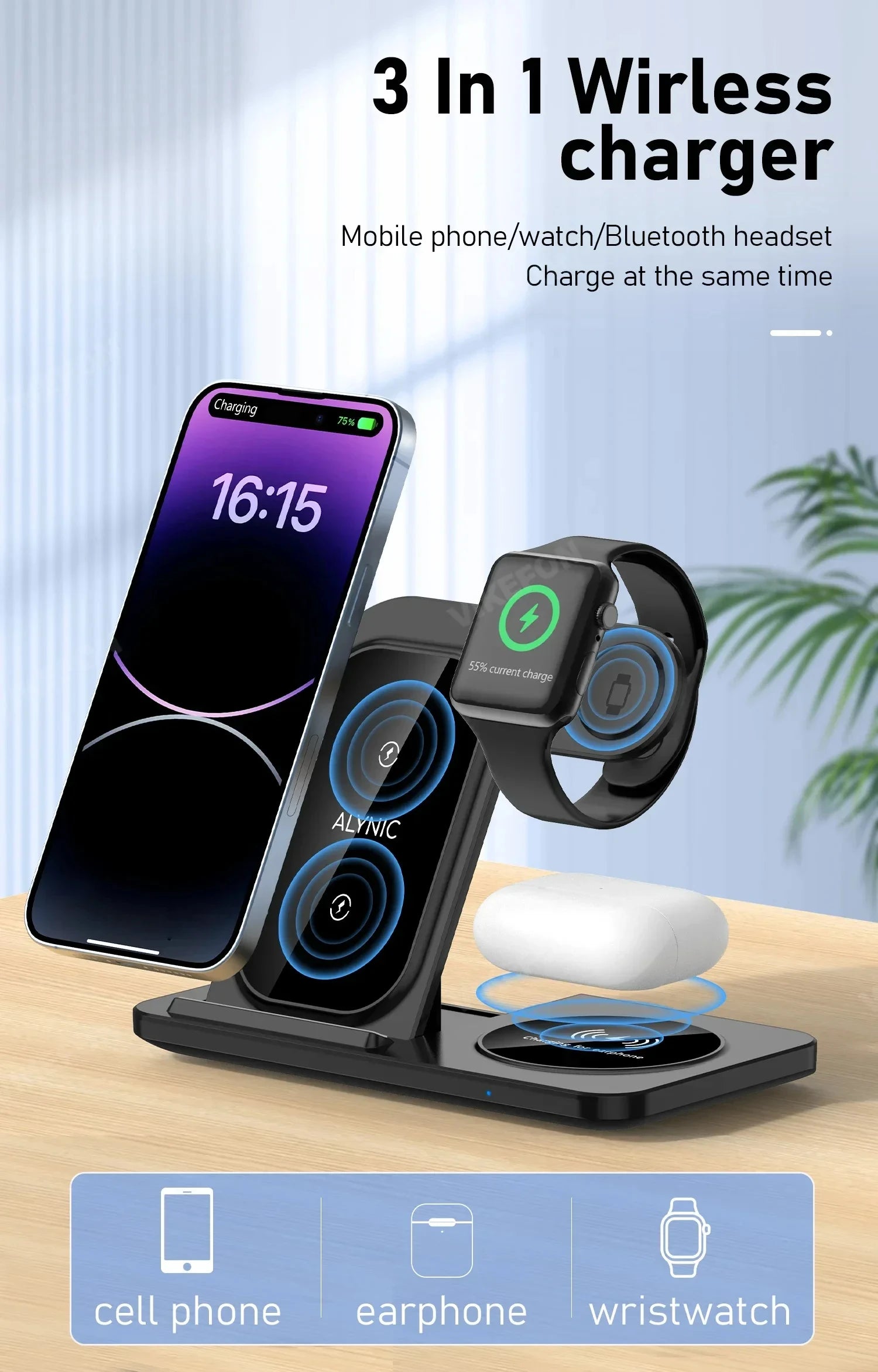 Foldable 3 in 1 Wireless Charger Pad Stand for IPhone 15 14 13 12 8