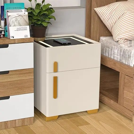 Nightstand with Drawer, Wireless Charging Bedside Table 3 LED Light