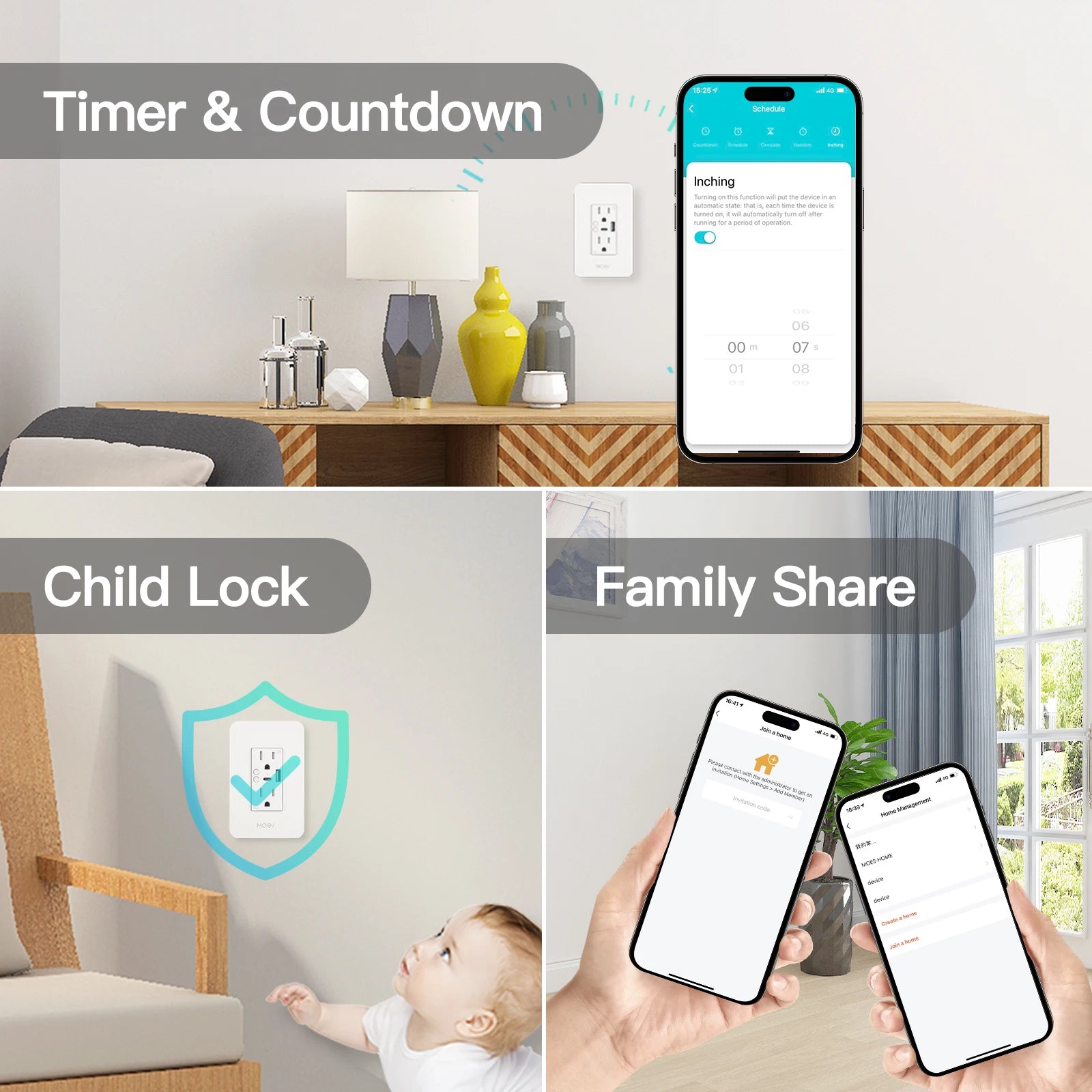 WiFi Smart Power Wall Socket with Type C and USB Dual Outlet Plug Po