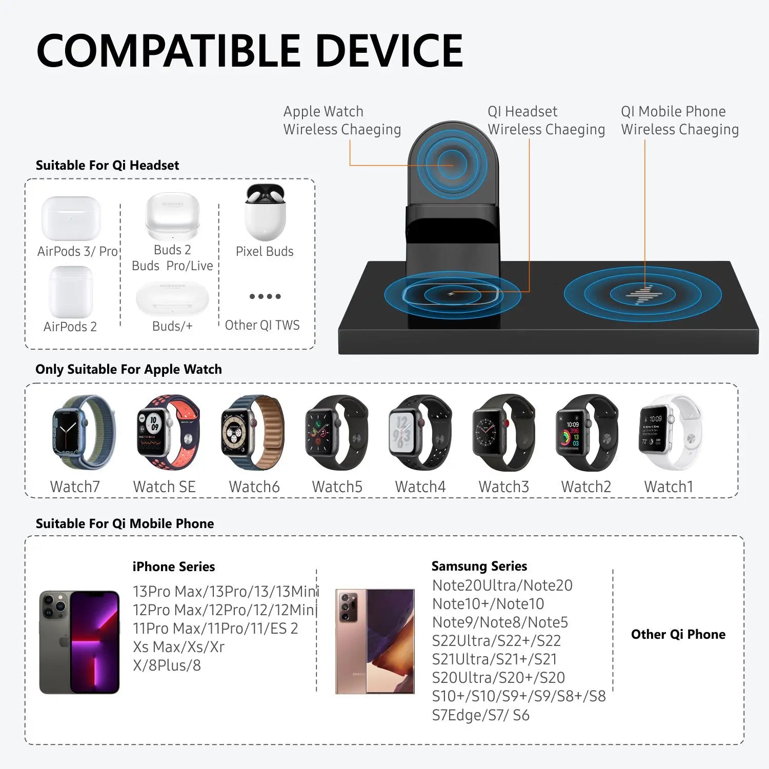 3 in 1 Wireless Charging Station,Charger Station ,Foldable Charging