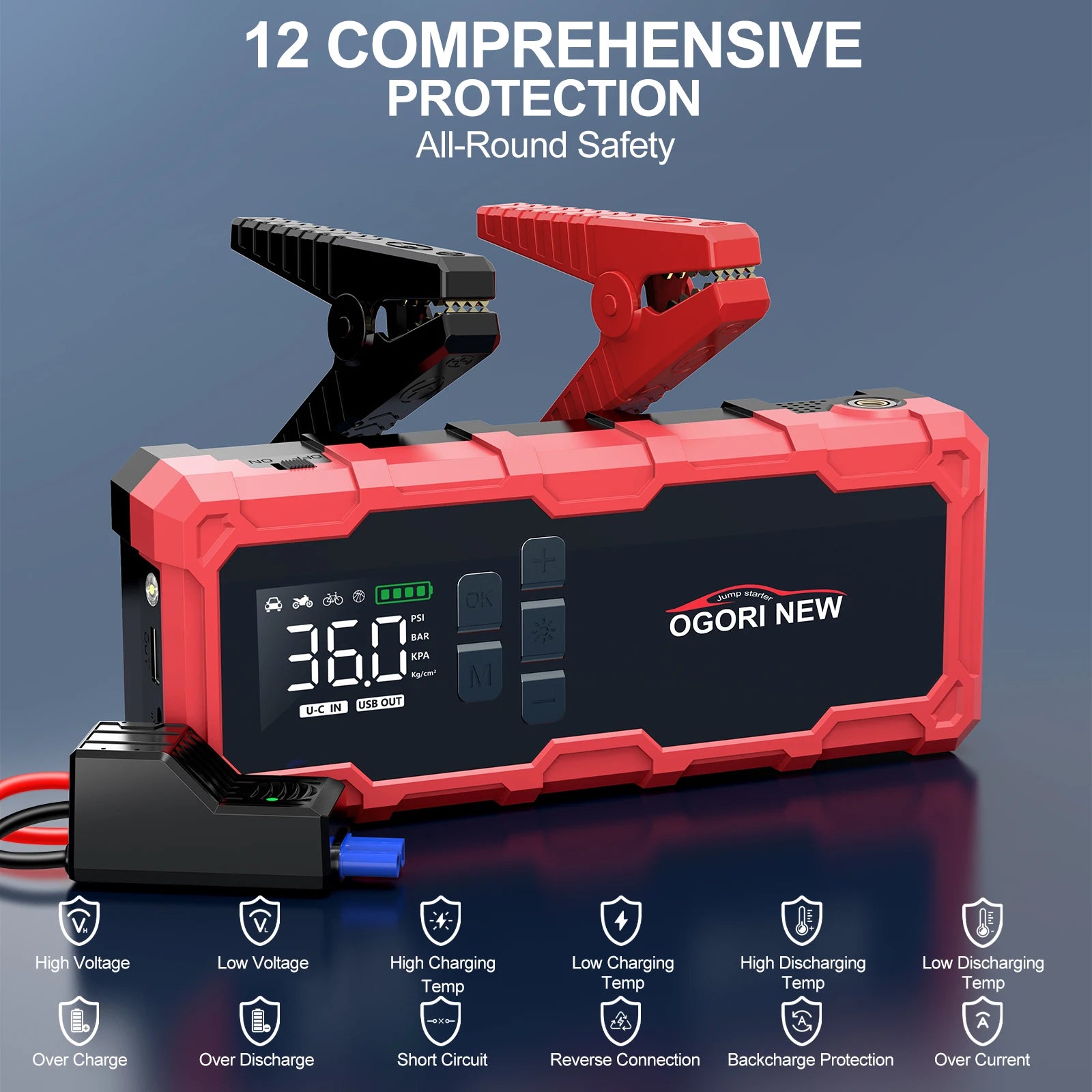 4 in 1 7000A/4000A Jump Starter Power Bank 150PSI Air Compressor Tir