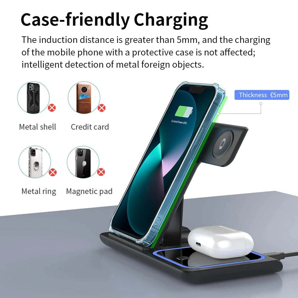 Foldable 3 in 1 Wireless Charger Pad Stand for IPhone 15 14 13 12 8