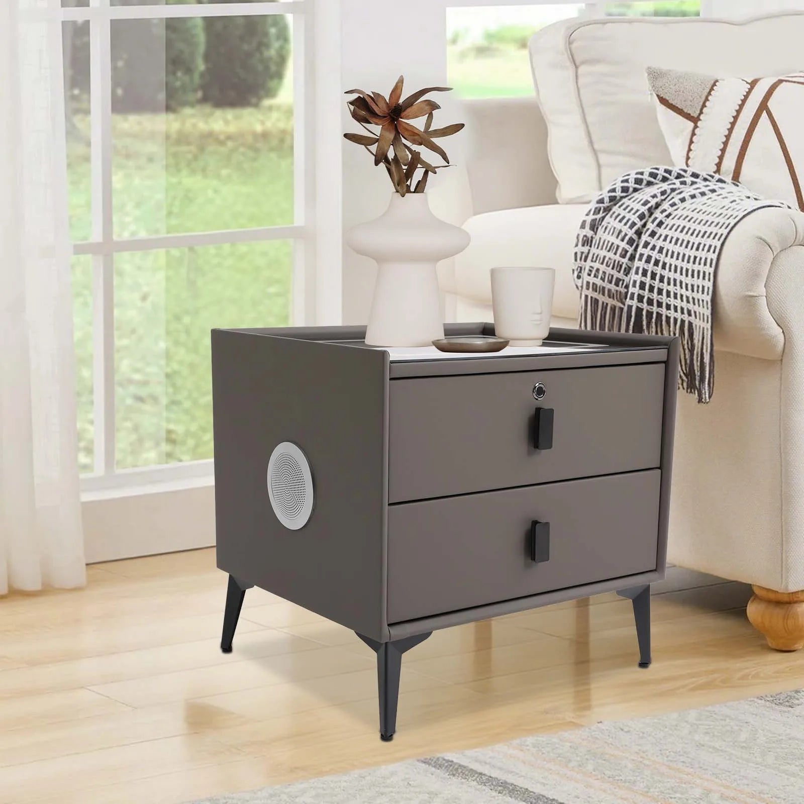 Bedside Table with Drawers, Bluetooth Speaker Smart Bedside Table wi