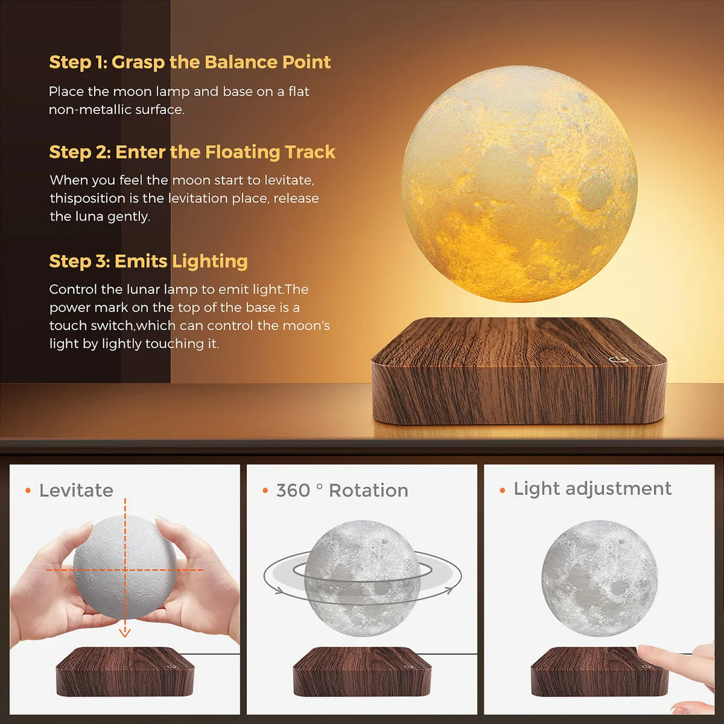 Magnetic Floating Rotating Moon Lamp with Wooden Base, 3 Color Tempe
