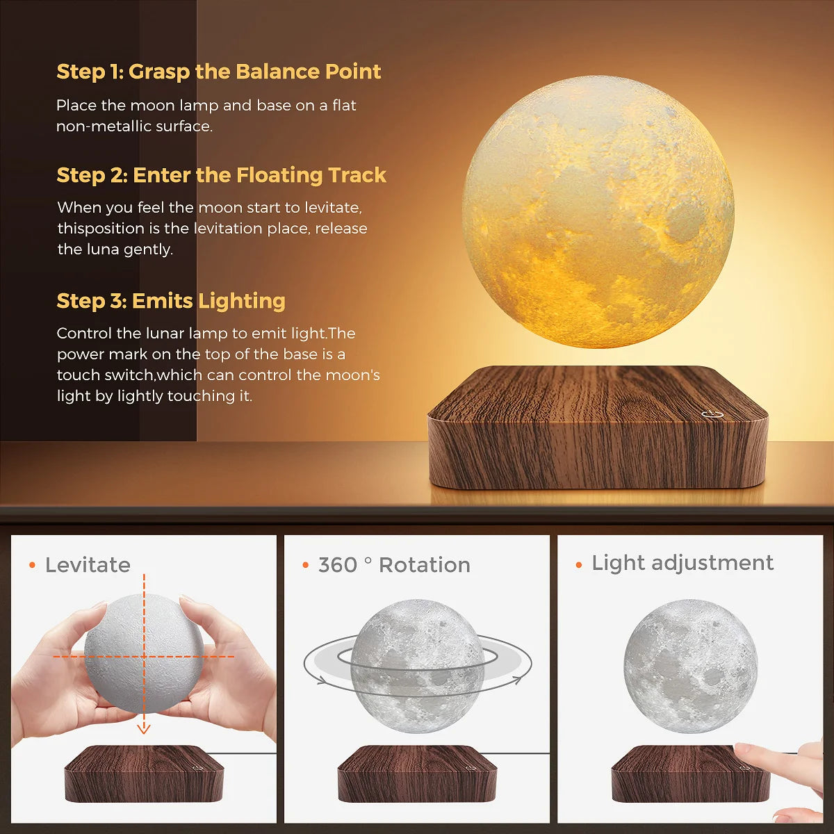 Magnetic Floating Rotating Moon Lamp with Wooden Base, 3 Color Tempe