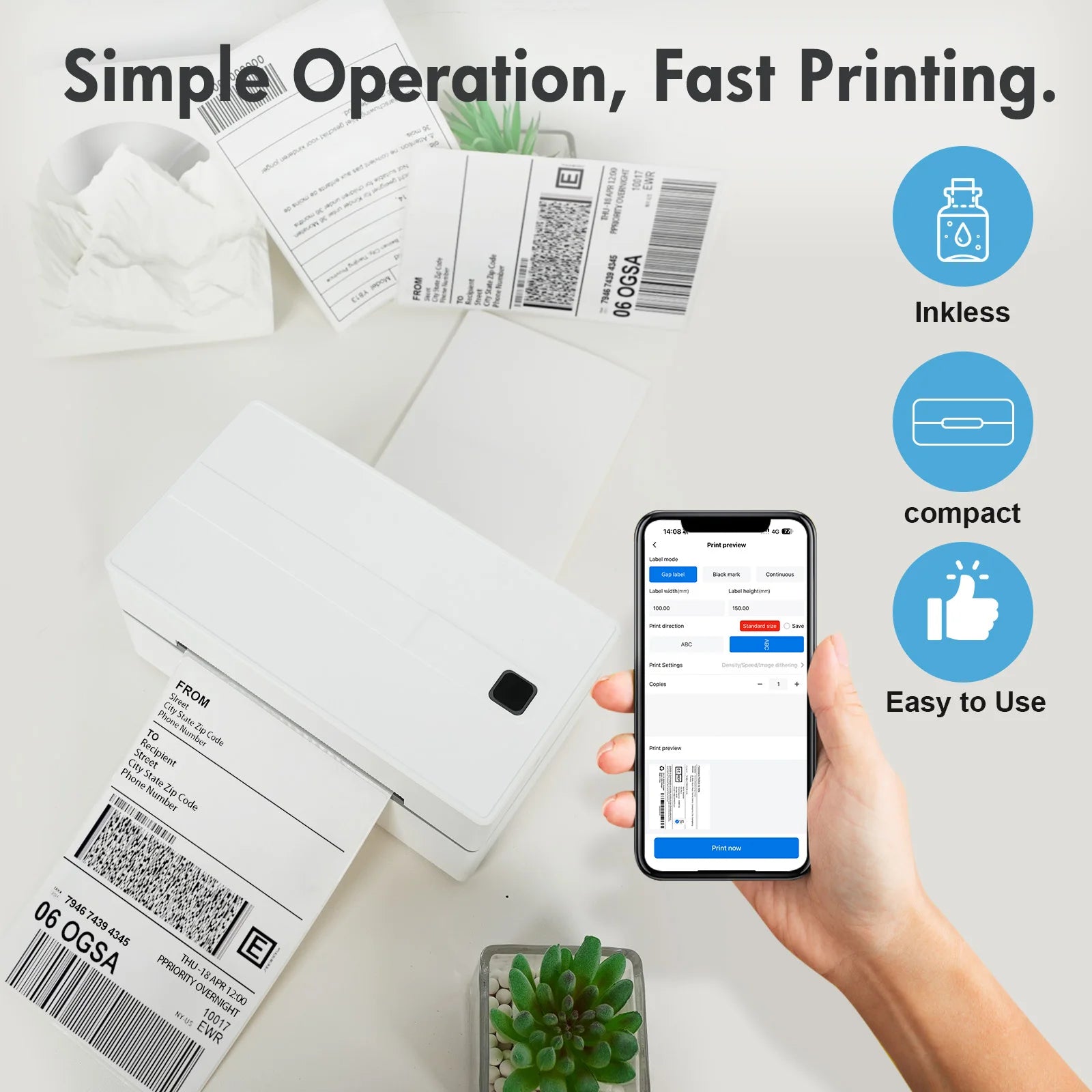 Thermal Label Printer Portable No Ink Required 300DPI 4x6 for Small