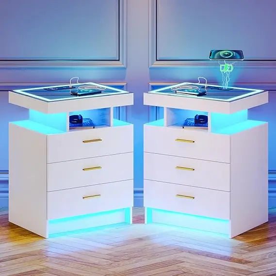 2 Set Nightstands with Wireless Charging Station, Auto Sensor 3 Colo