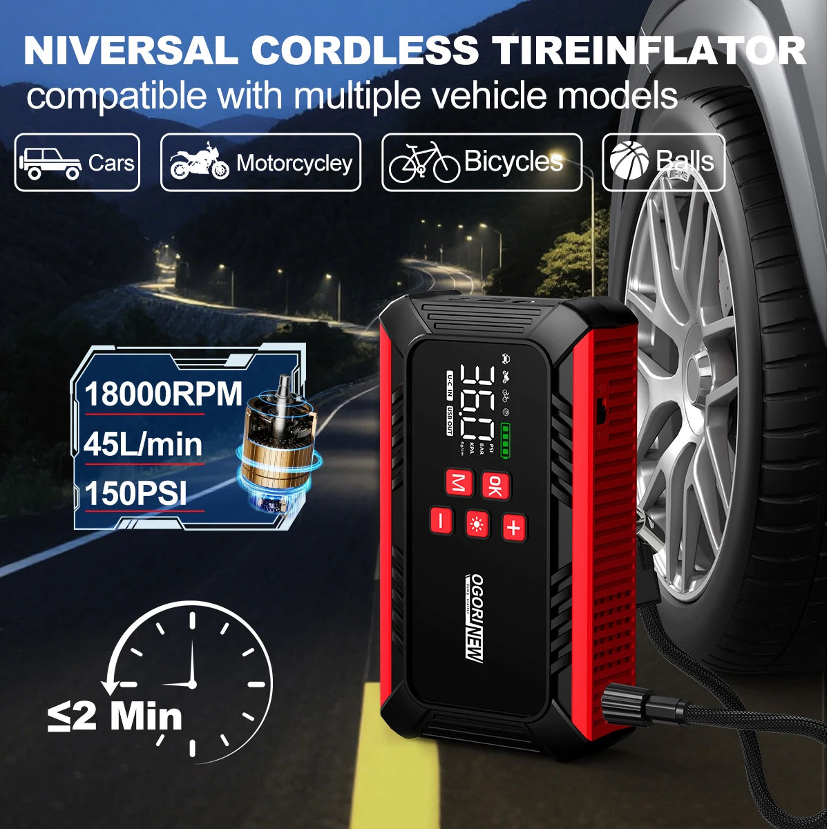 4 in 1 7000A/4000A Jump Starter Power Bank 150PSI Air Compressor Tir