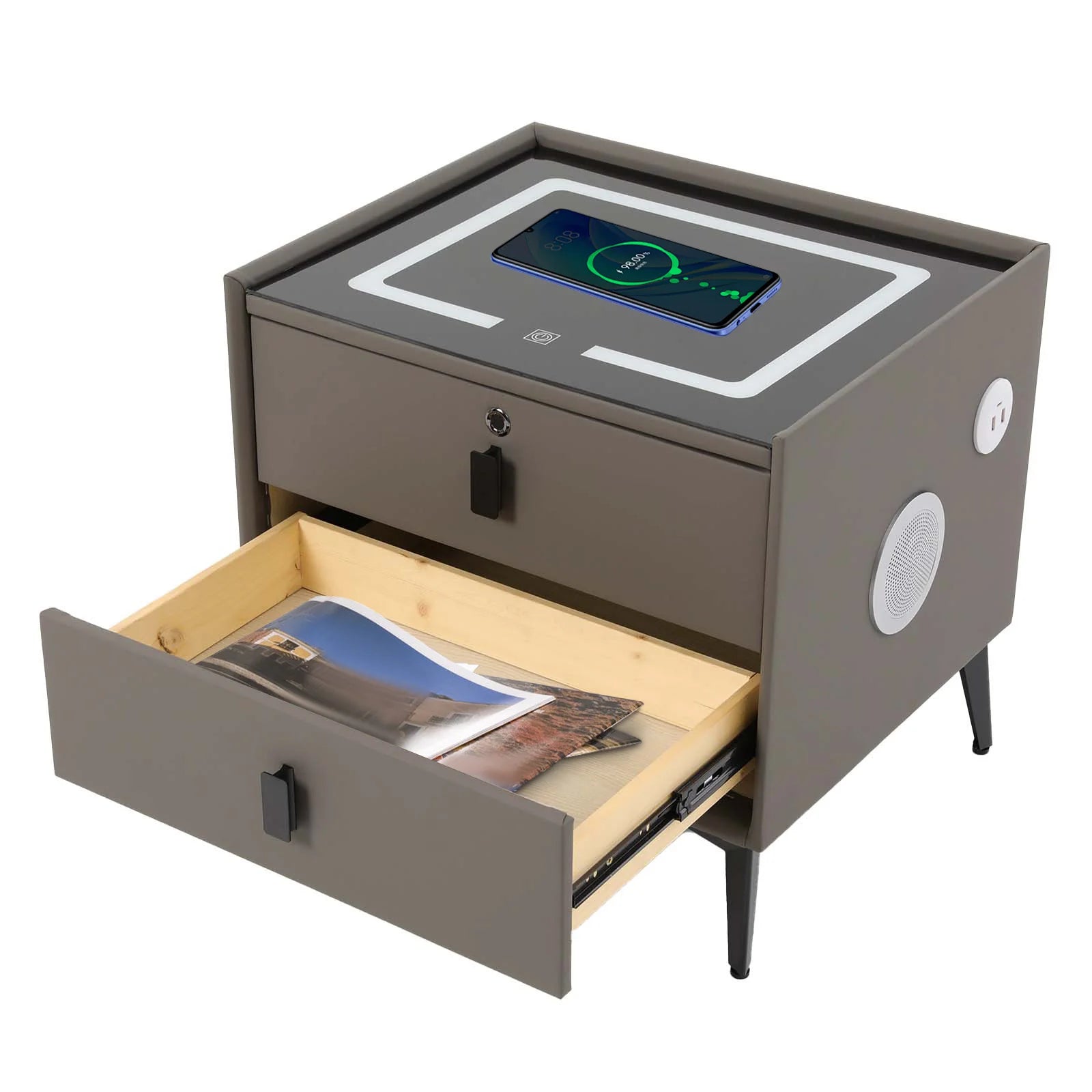 Modern Rectangular Bedside Table with Drawers Bluetooth Speaker Smar