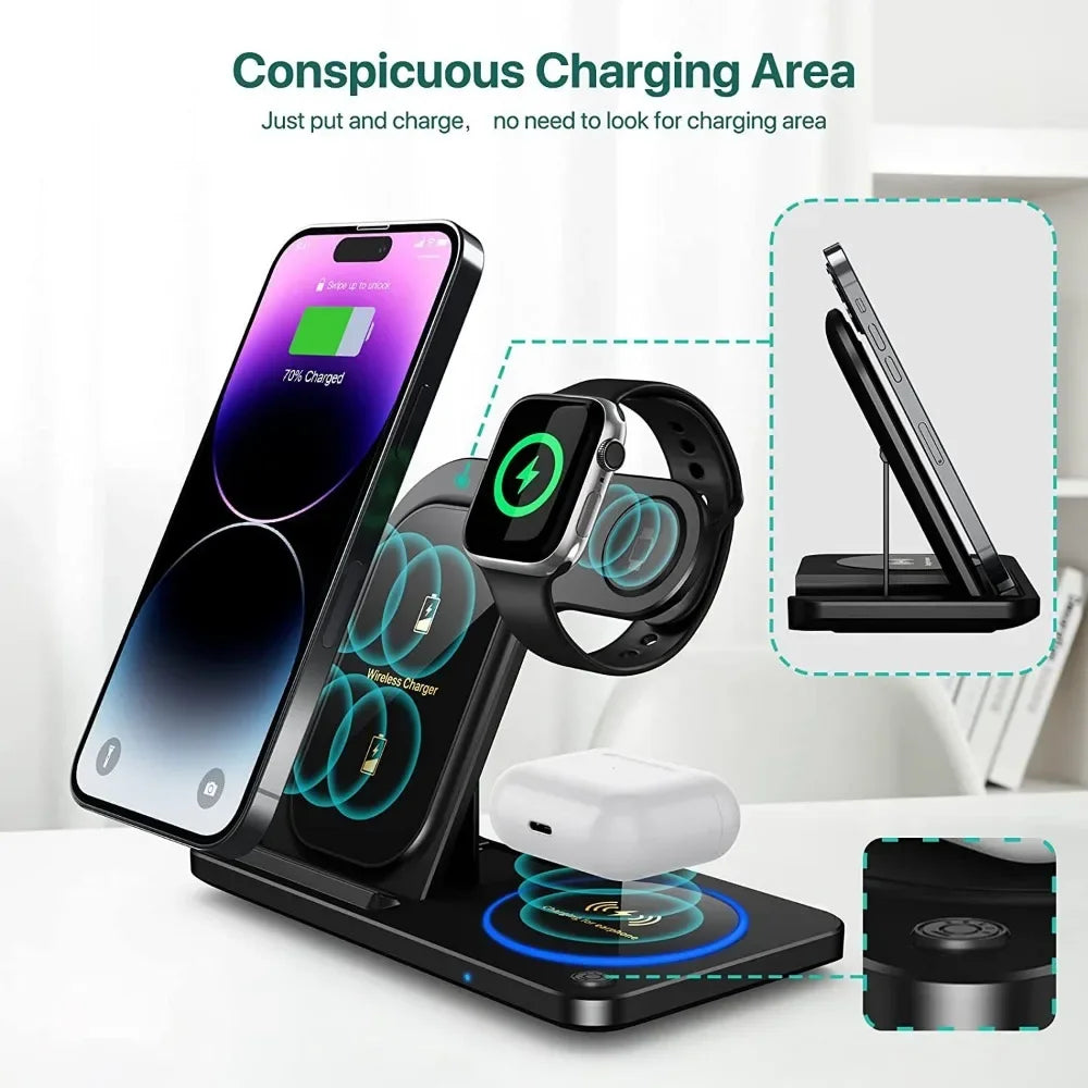 30W LED Fast Wireless Charger Stand 3 in 1 Foldable Charging Station