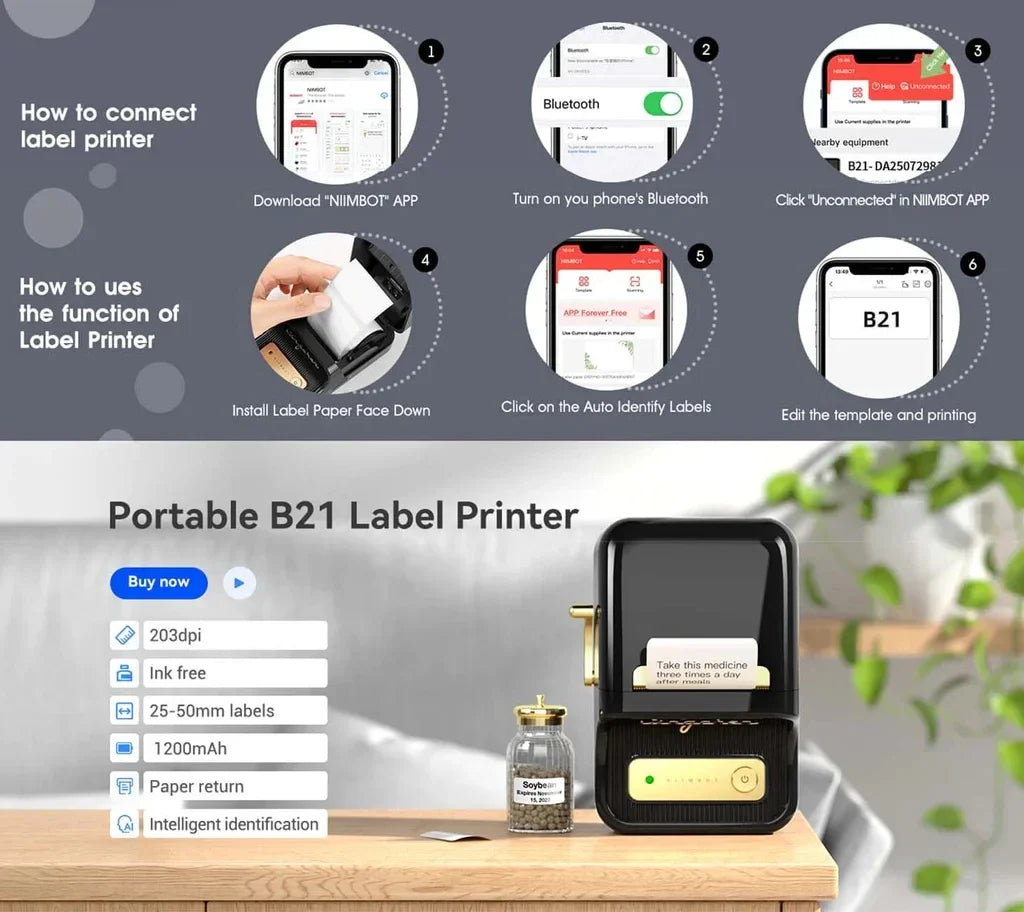 Niimbot B21 Mini Portable Printer Adhesive Label Thermal Printer Wir