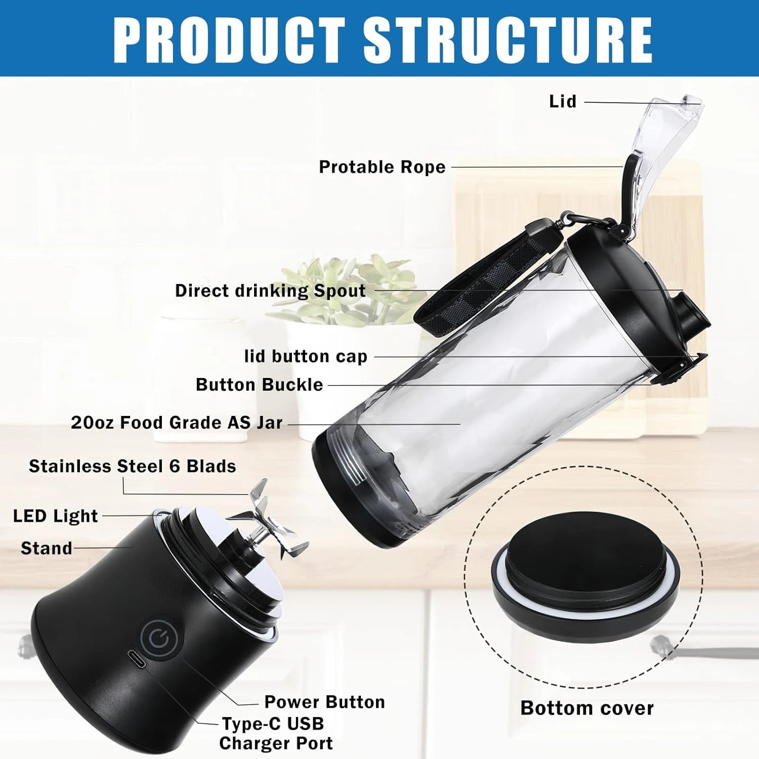 Compact and Powerful Portable Personal Size Blender with 6 Sharp Bla