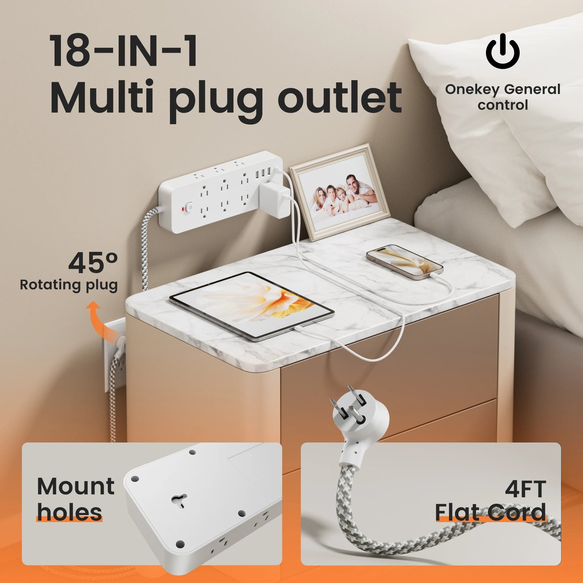 18 – in – 1 Multitap Power Strip Plug AC Outlet USB Port Type C 4ft