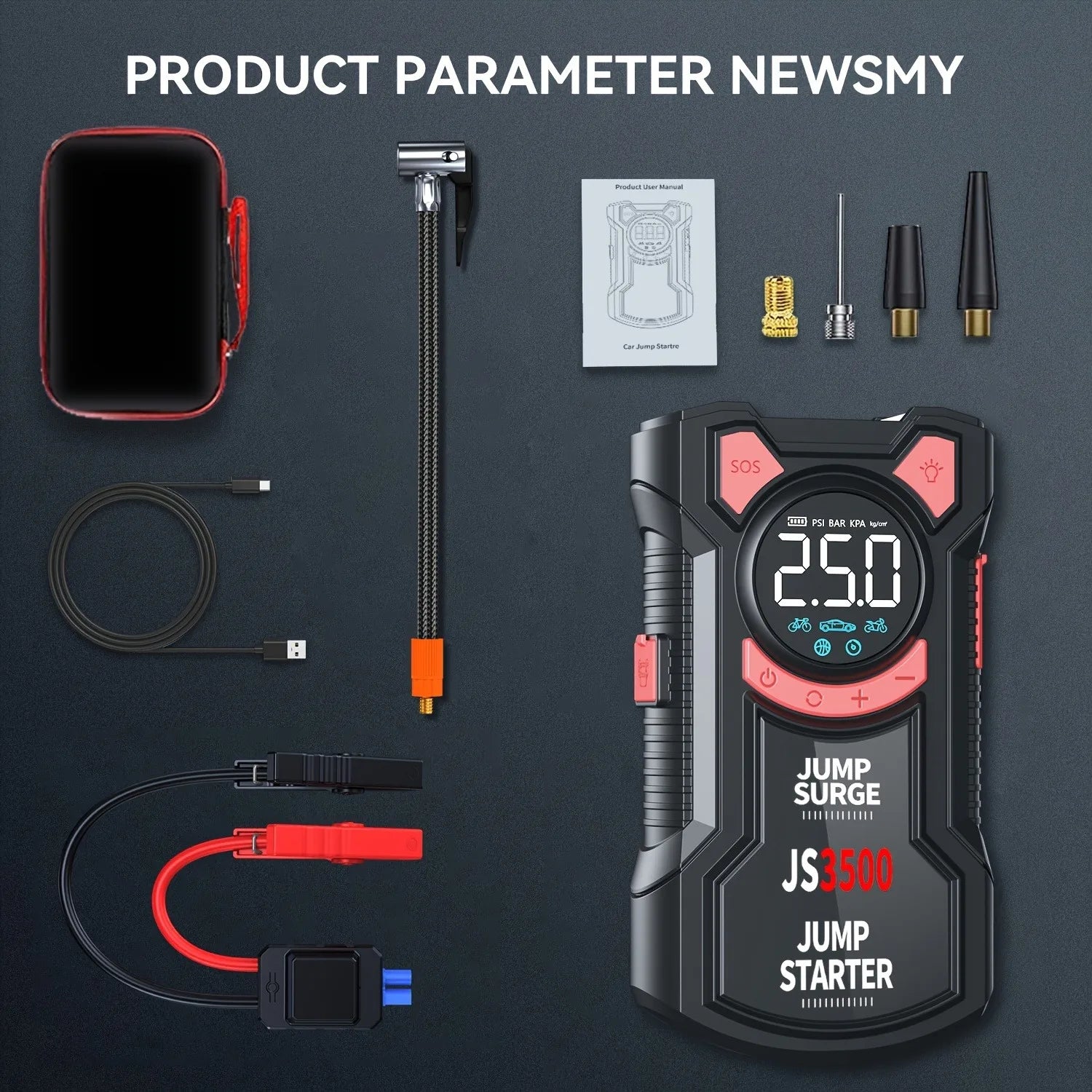 5 – in – 1 Multifunctional Air Pump Jump Starter with Air Compressor