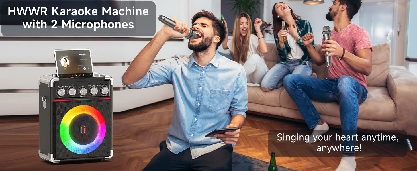 FanFun Karaoke Speaker, Bluetooth Speaker with 2 Microphones and LED