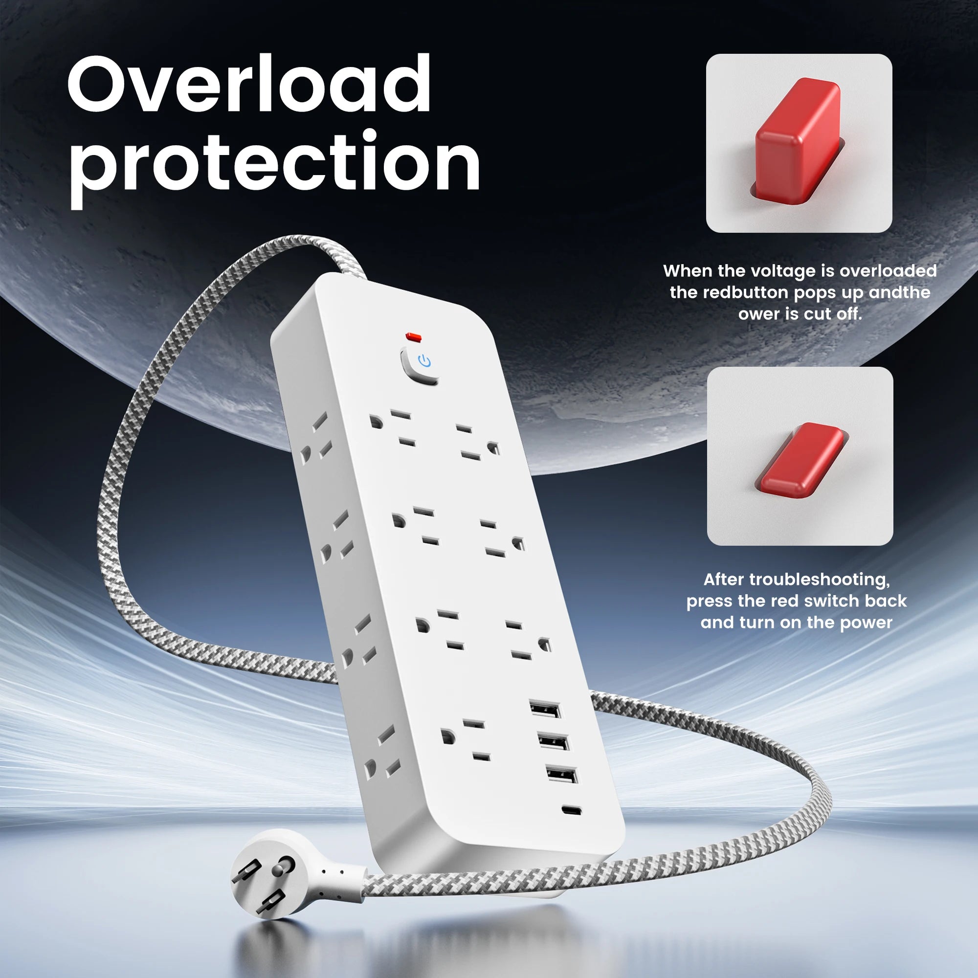 18 – in – 1 Multitap Power Strip Plug AC Outlet USB Port Type C 4ft