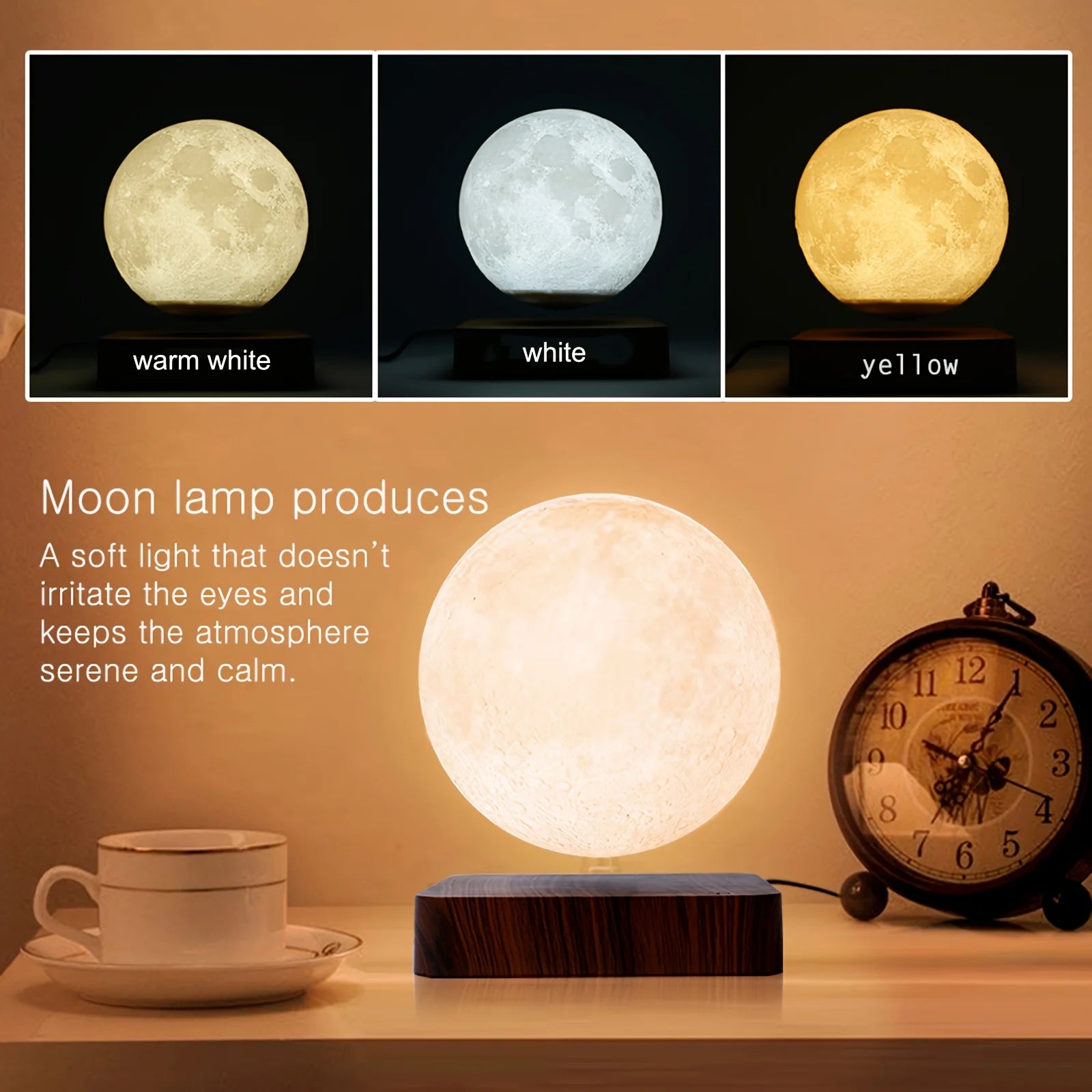 Magnetic Floating Rotating Moon Lamp with Wooden Base, 3 Color Tempe