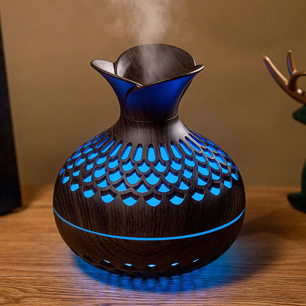 300ML Wood Grain Flower Humidifier Silent Aromatherapy Diffuser USB