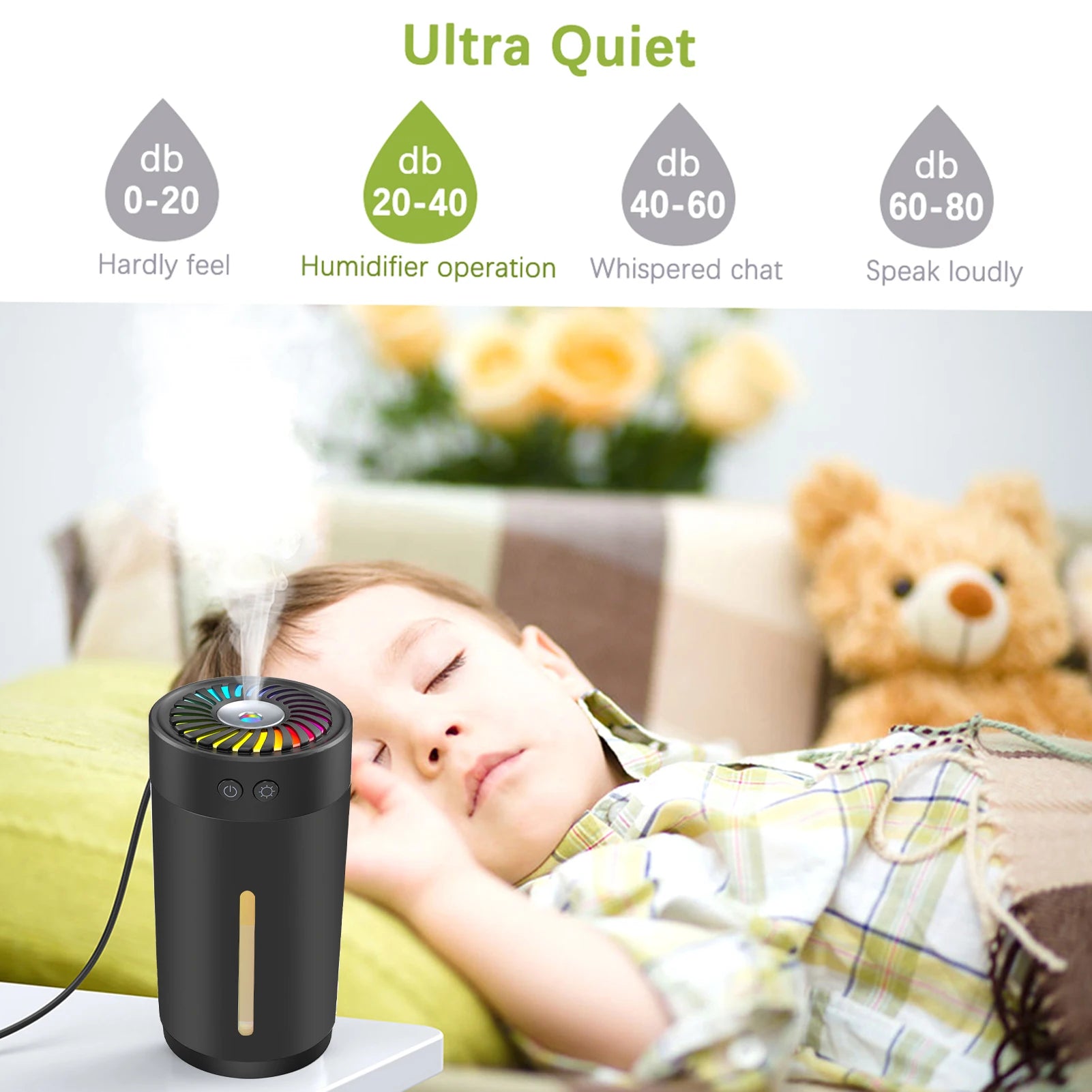 300ml Mini Ultrasonic Humidifier USB with 7 Colors LED Light Dual Mi