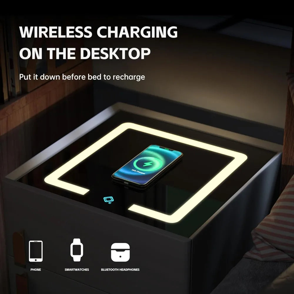 Nightstand with Drawer, Wireless Charging Bedside Table 3 LED Light