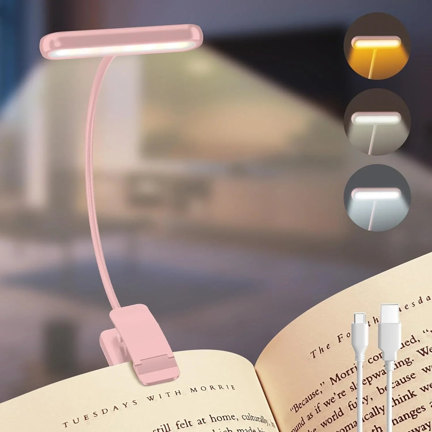 14LED USB Rechargeable Book Light, Warm/Cool White, Flexible Clip, P