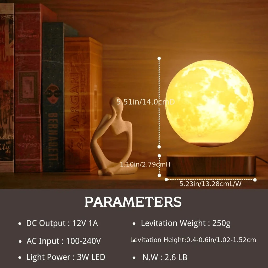 Magnetic Floating Rotating Moon Lamp with Wooden Base, 3 Color Tempe