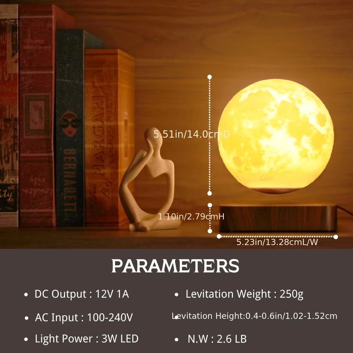 Magnetic Floating Rotating Moon Lamp with Wooden Base, 3 Color Tempe