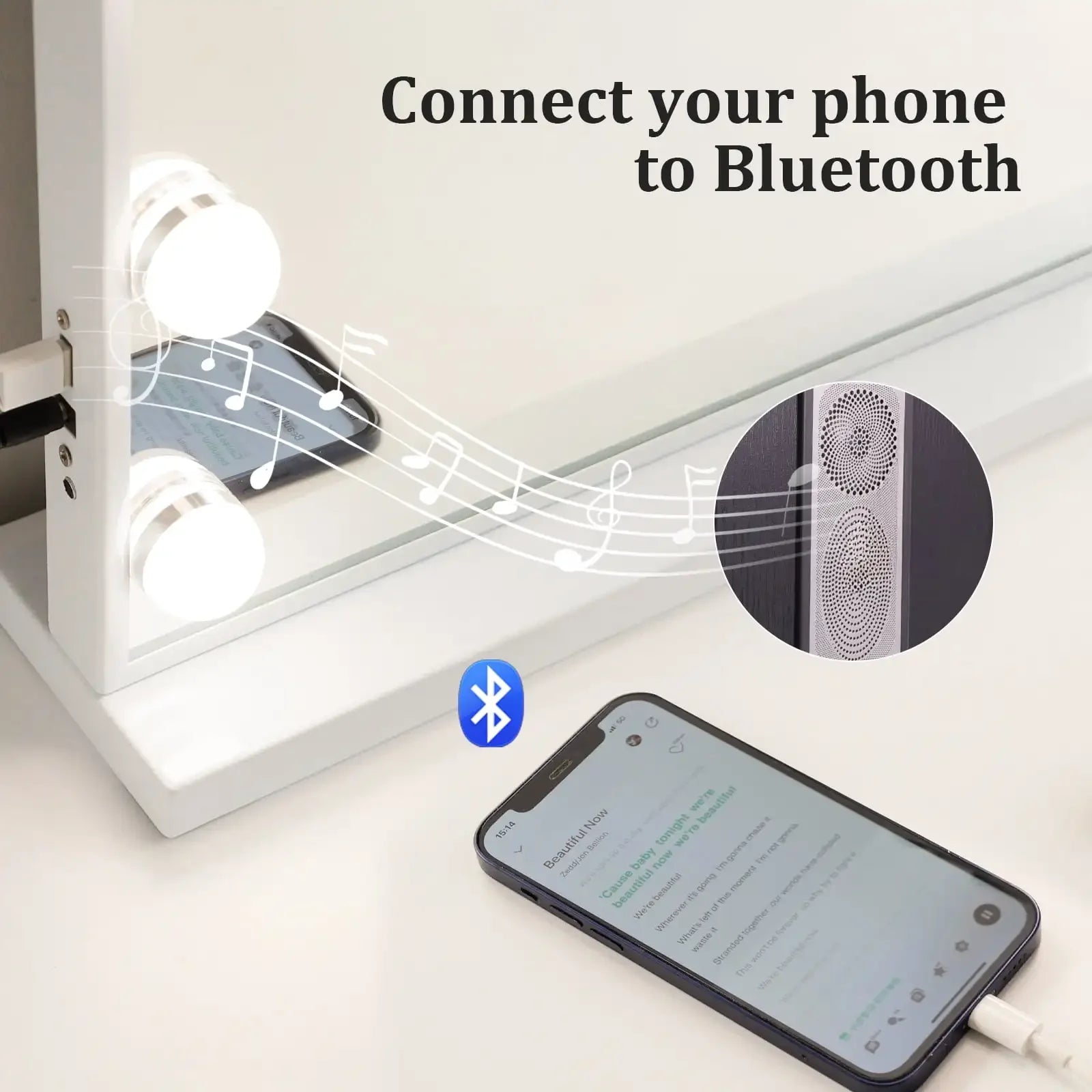 Bluetooth Audio Makeup Mirror with LED Light – 3 Color Modes, Smart