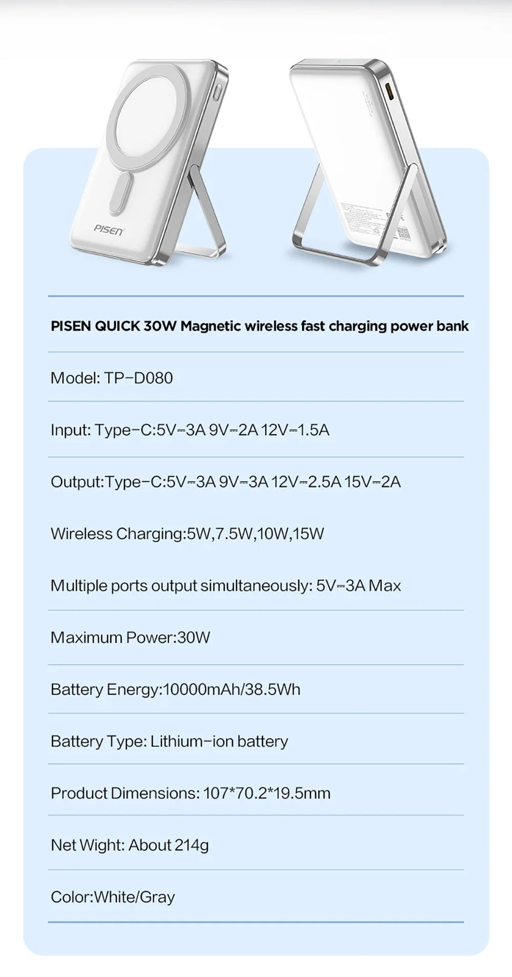 PISEN Magnetic Wireless Power Bank with Built in Stand MagSafe Compa