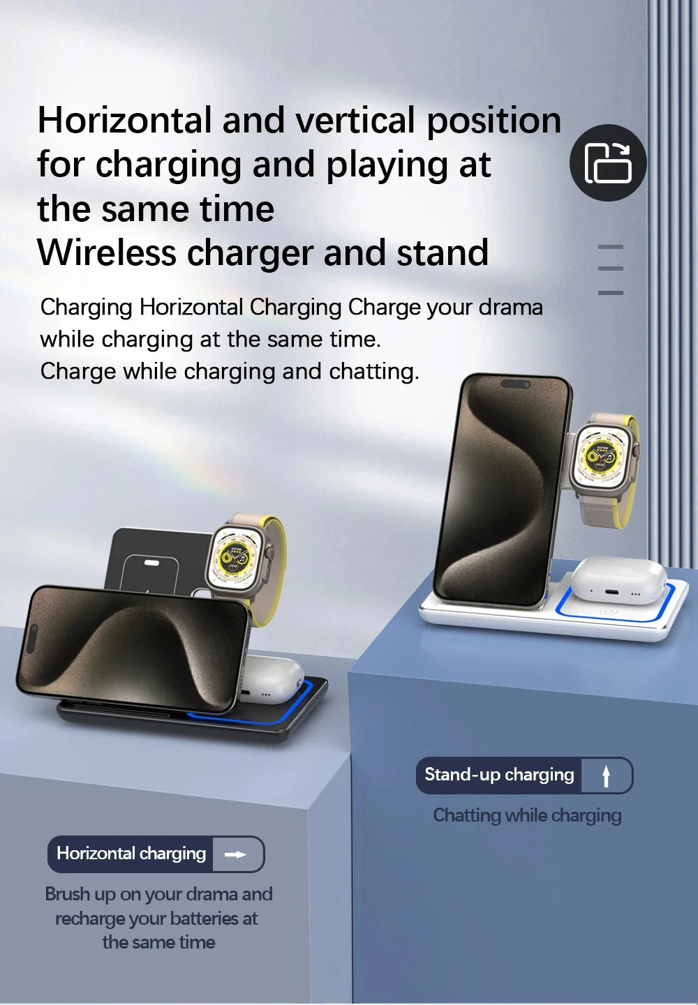 Foldable 3 in 1 Wireless Charger Pad Stand for IPhone 15 14 13 12 8