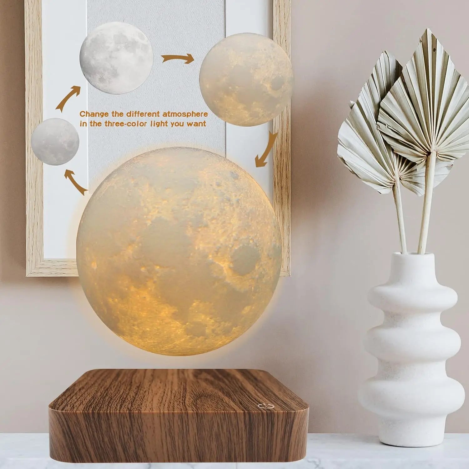 Magnetic Floating Rotating Moon Lamp with Wooden Base, 3 Color Tempe