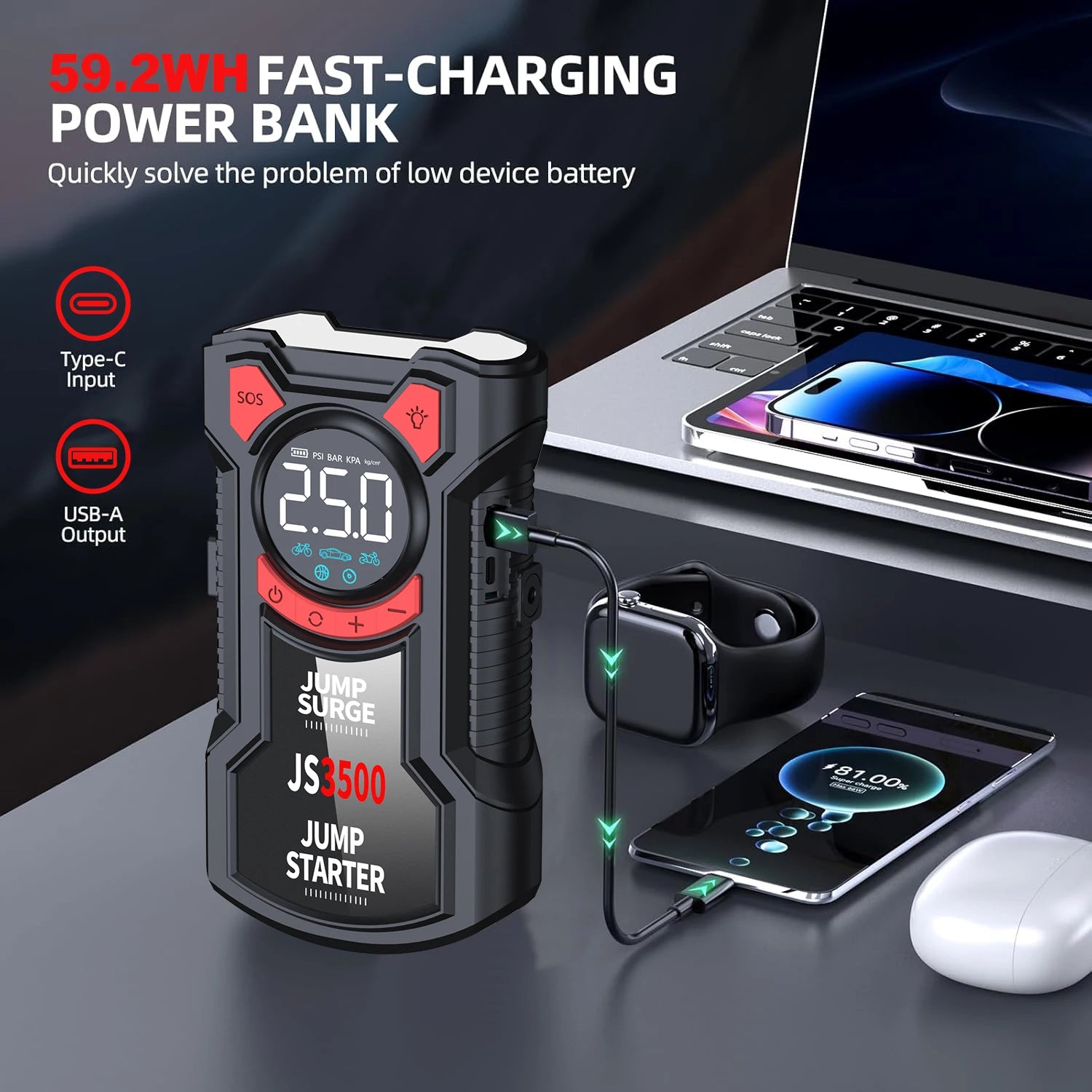 5 – in – 1 Multifunctional Air Pump Jump Starter with Air Compressor