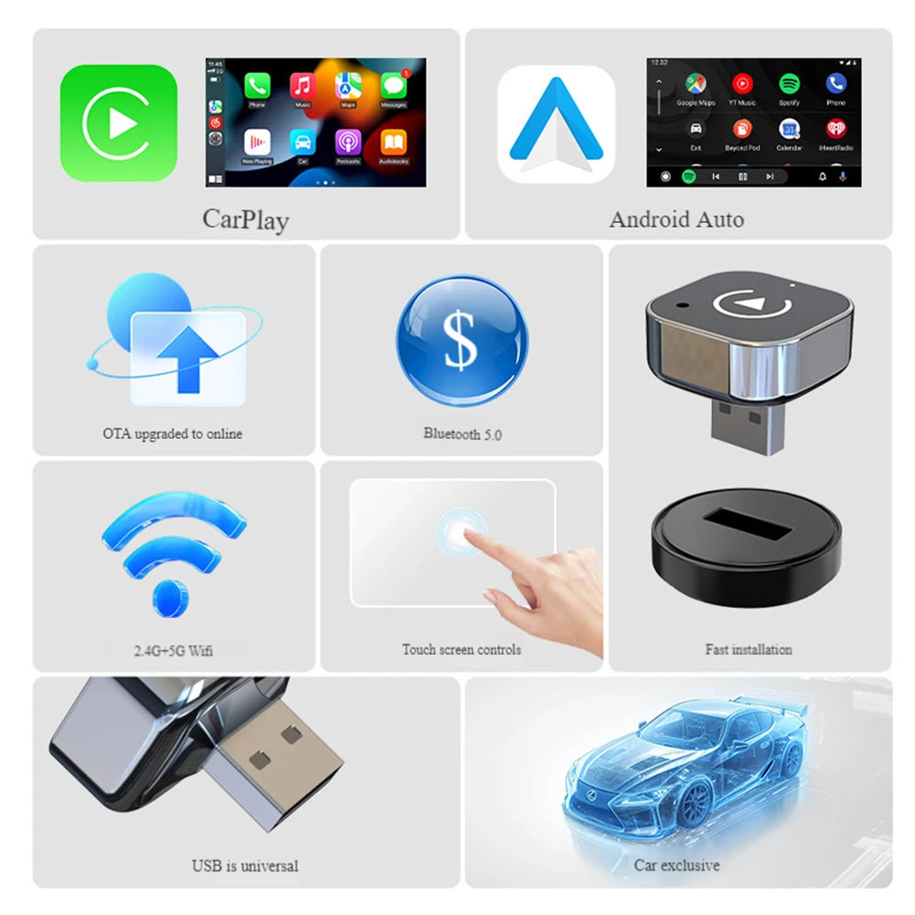 2in1 Wireless CarPlay Android Auto Adapter Smart USB Dongle WiFI BT
