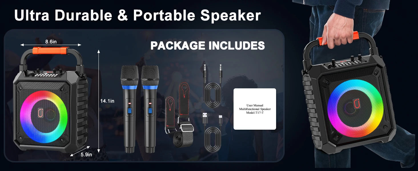 T17 – T Wireless Bluetooth Speaker, Karaoke Machine with 2 Microphon
