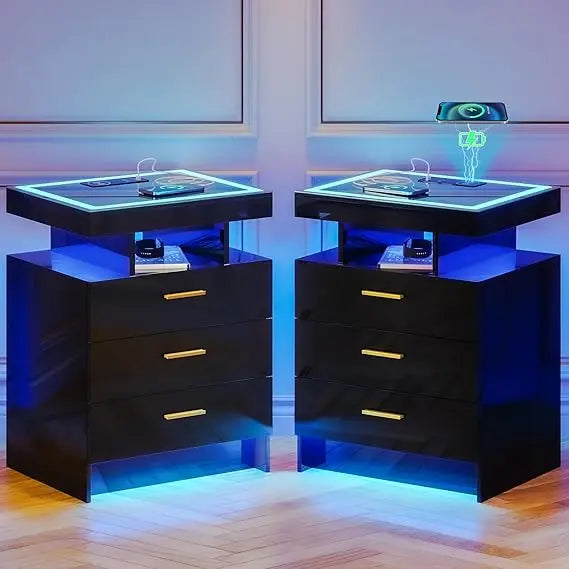 2 Set Nightstands with Wireless Charging Station, Auto Sensor 3 Colo