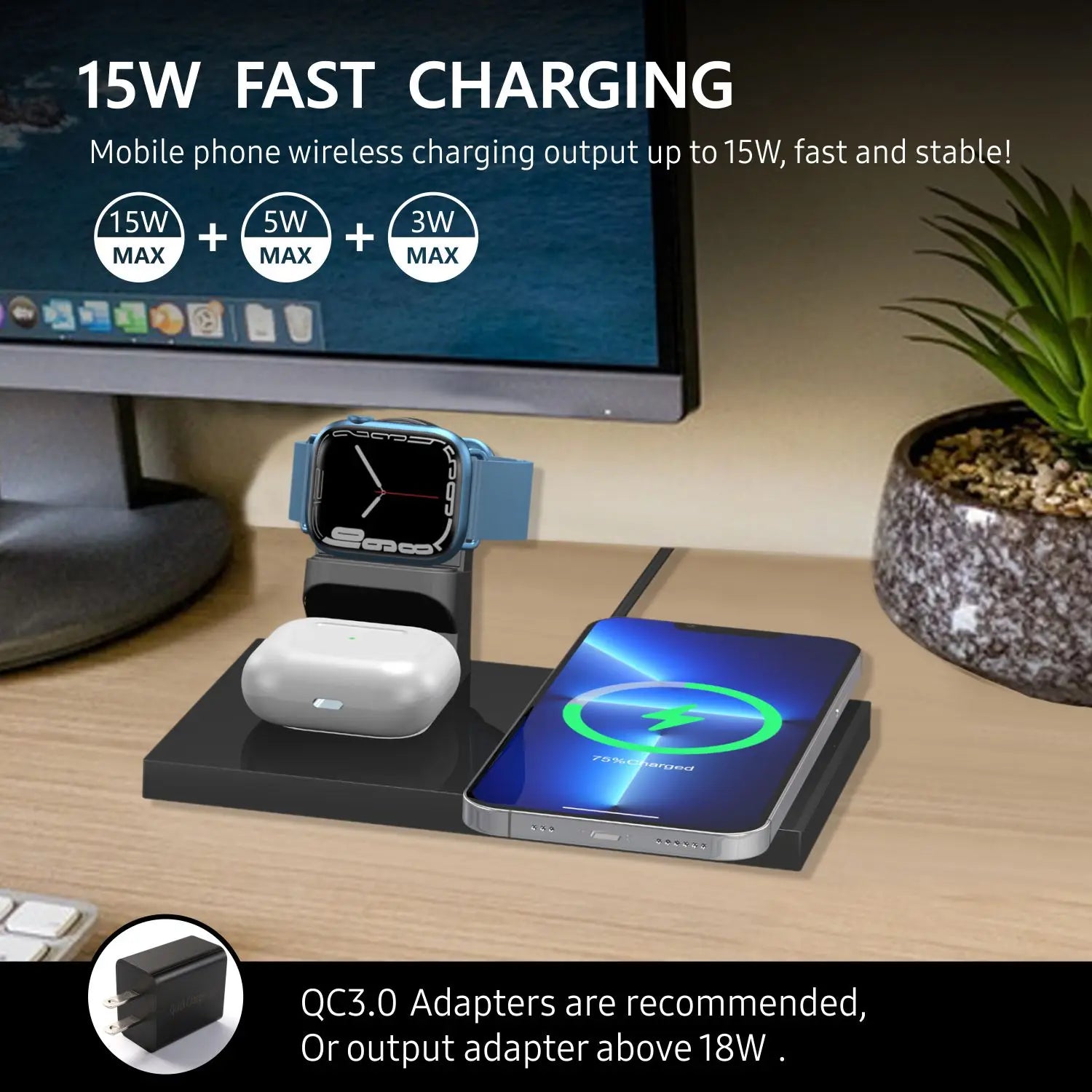 3 in 1 Wireless Charging Station,Charger Station ,Foldable Charging