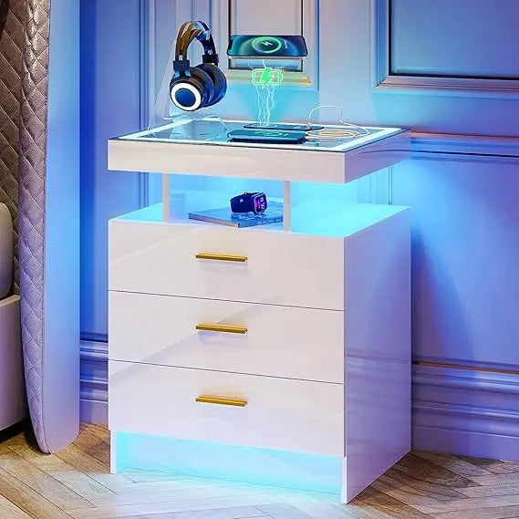 2 Set Nightstands with Wireless Charging Station, Auto Sensor 3 Colo